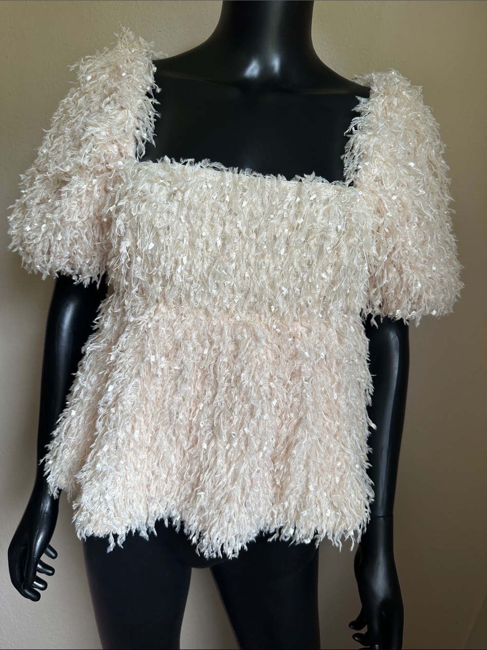 Storia Blush-Cream Shaggy Puff-Sleeve Scoop Sweater